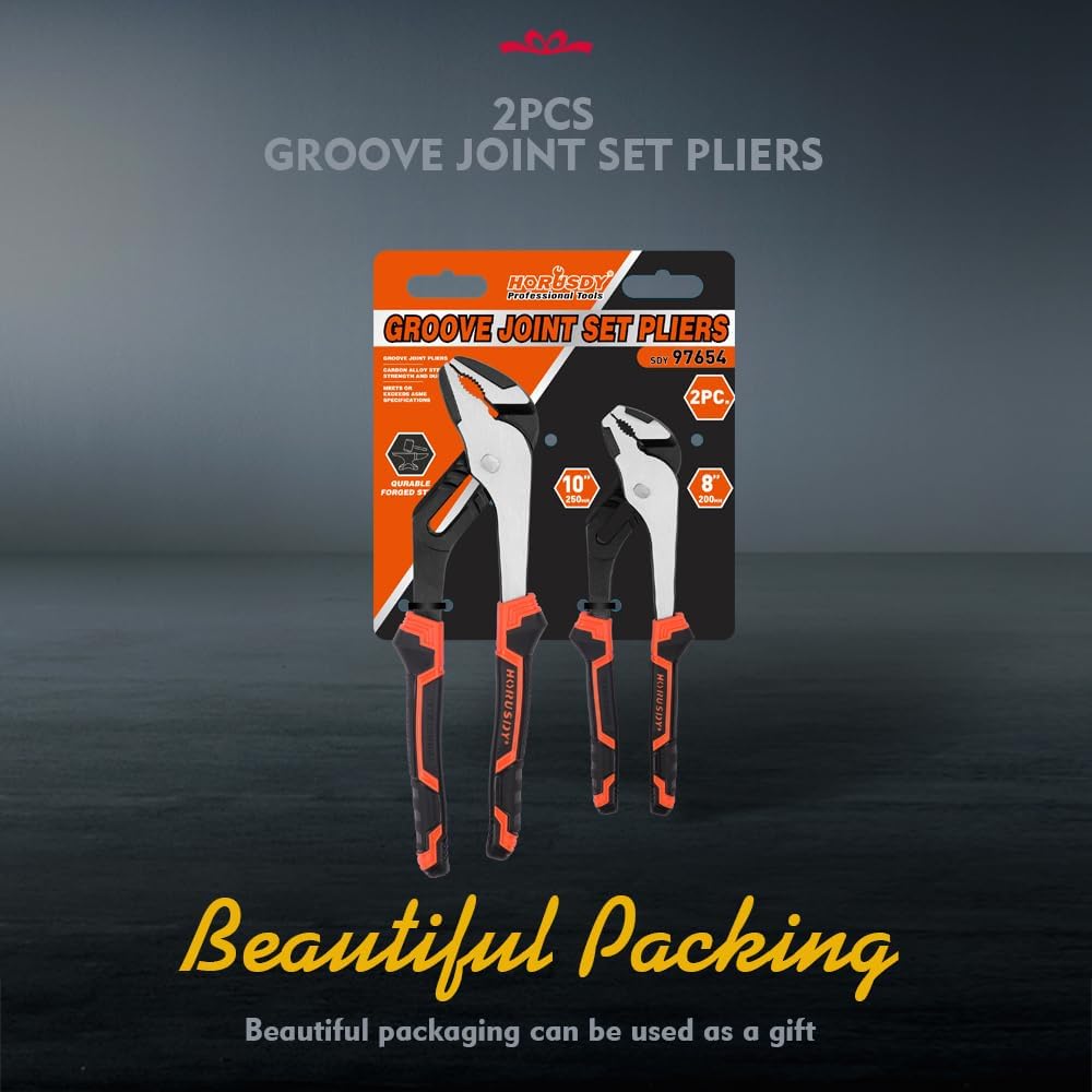 2-piece adjustable groove joint pliers set with ergonomic anti-slip handles and large jaw capacity for plumbing and mechanical work