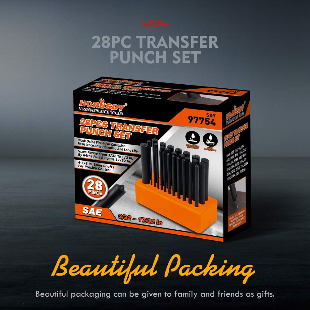 HORUSDY 28-piece black oxide transfer punch set with holder, precision machined punches for accurate marking