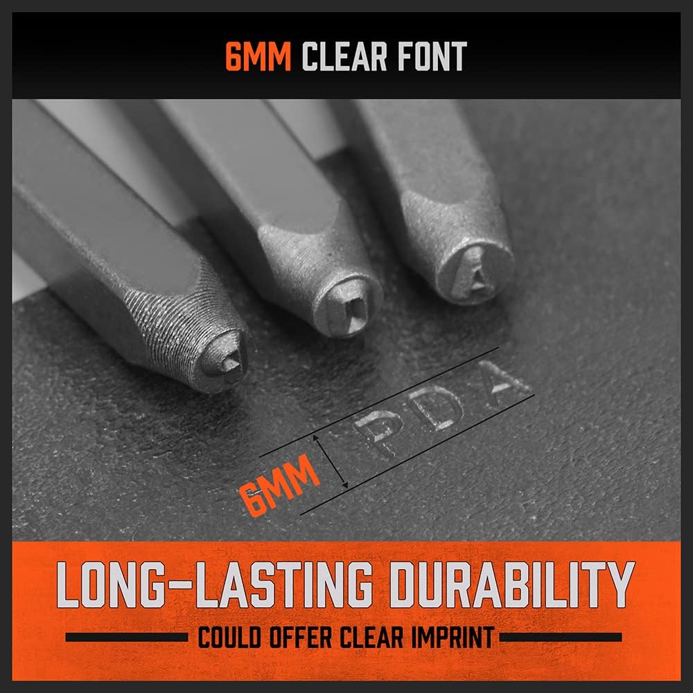 HORUSDY 6mm metal letter and number stamp set for jewelry, leather, and metal marking, with storage case