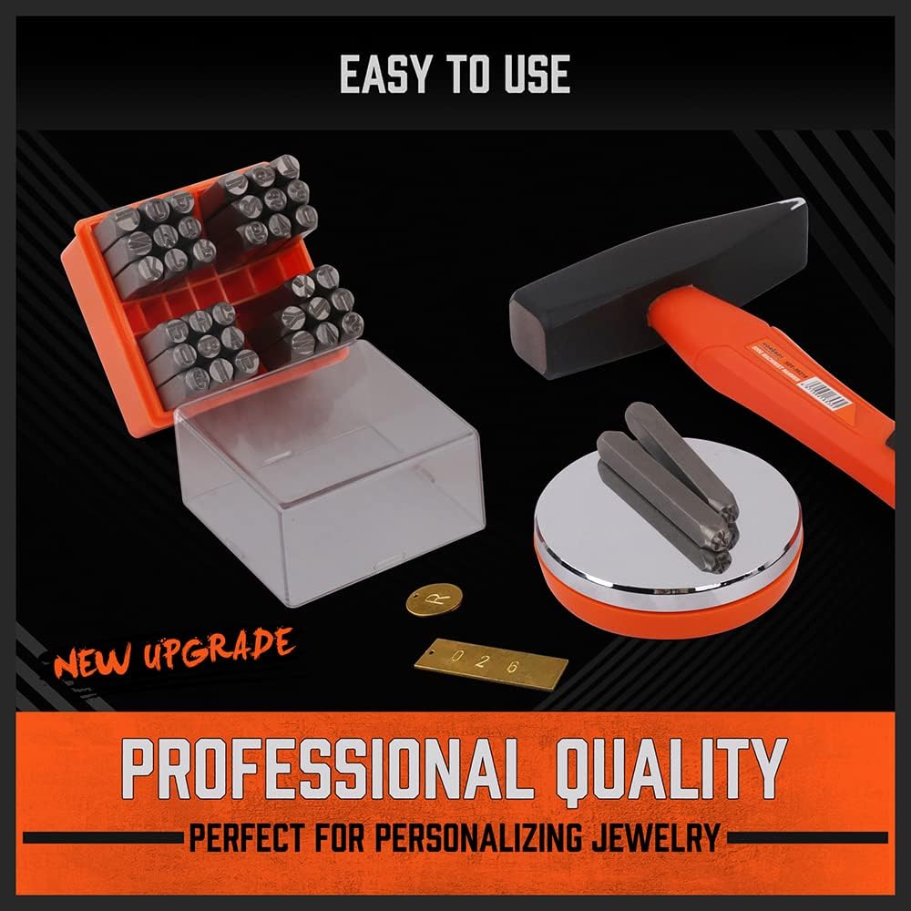 HORUSDY 6mm metal letter and number stamp set for jewelry, leather, and metal marking, with storage case