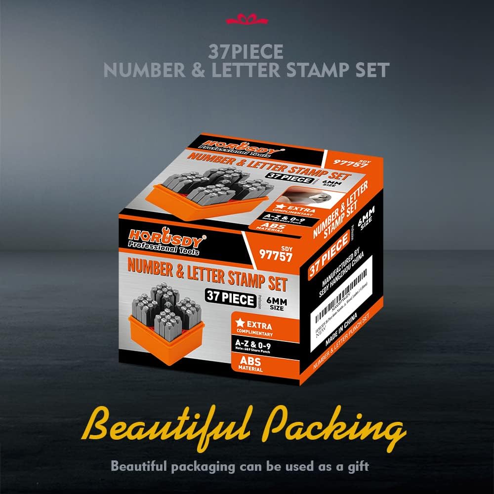 HORUSDY 6mm metal letter and number stamp set for jewelry, leather, and metal marking, with storage case