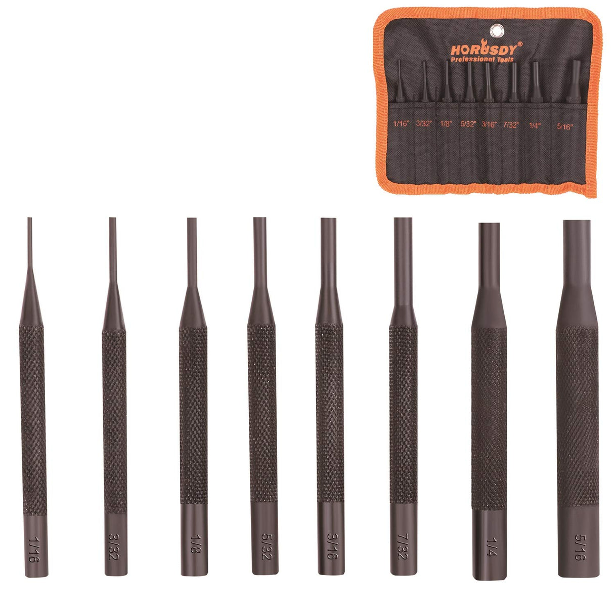 HORUSDY 8-piece pin punch set with labeled sizes and storage pouch for gunsmithing and mechanical repairs