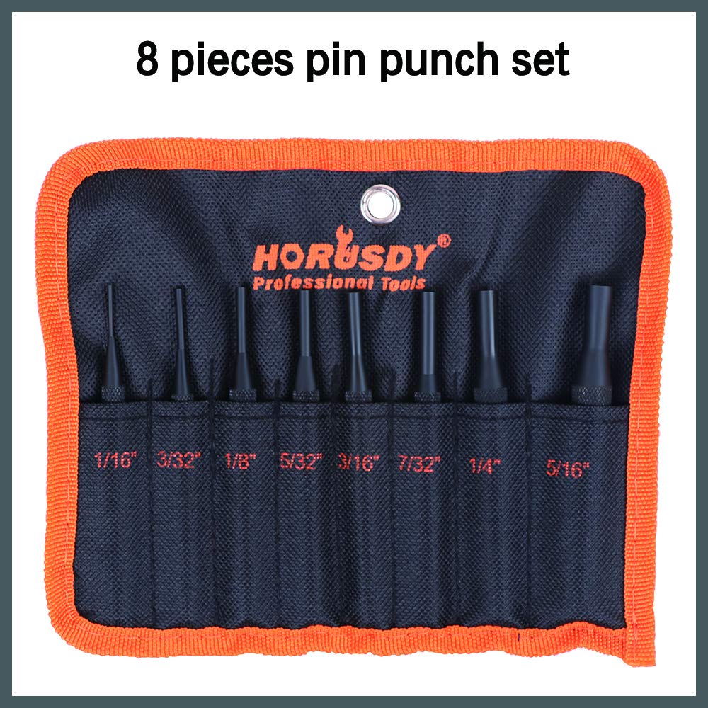 HORUSDY 8-Piece Pin Punch Set – Heat Treated Steel Punch Tool Kit with Roll-Up Pouch for Gunsmithing, Automotive, Machinery Repair