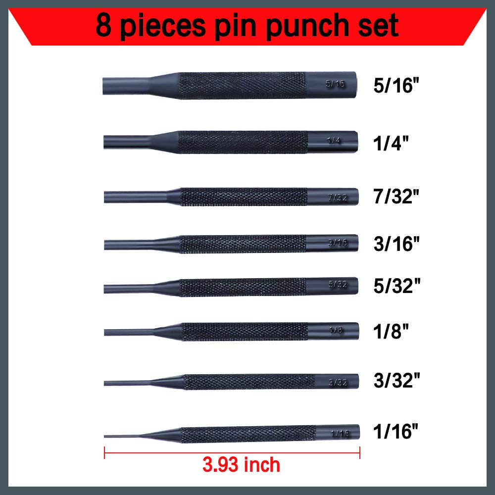 HORUSDY 8-piece pin punch set with labeled sizes and storage pouch for gunsmithing and mechanical repairs