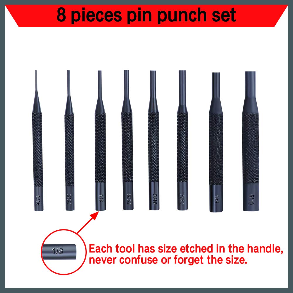 HORUSDY 8-piece pin punch set with labeled sizes and storage pouch for gunsmithing and mechanical repairs
