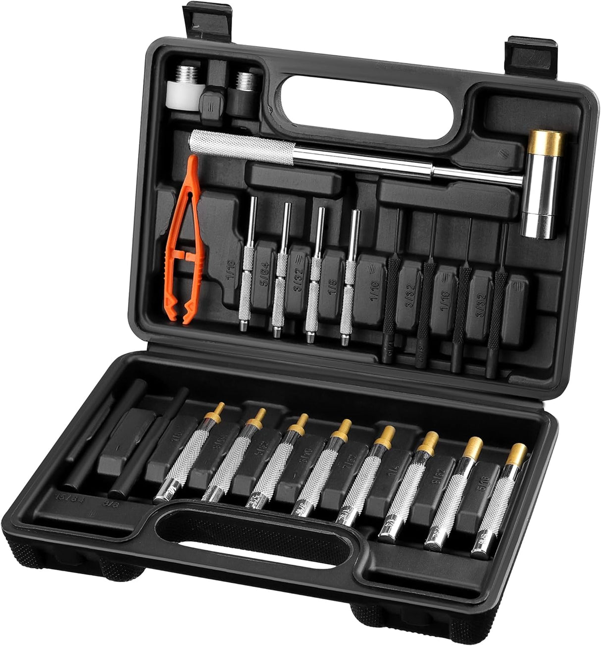 HORUSDY 22-piece roll pin punch set with dual-head hammer, brass, steel, plastic punches, and organized carry case.