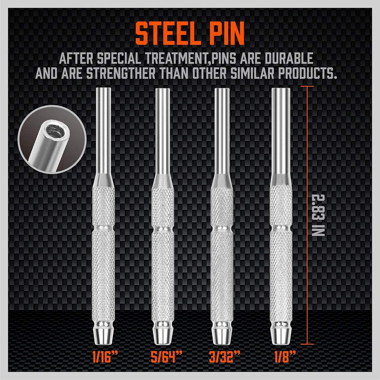 HORUSDY 22-piece roll pin punch set with dual-head hammer, brass, steel, plastic punches, and organized carry case.