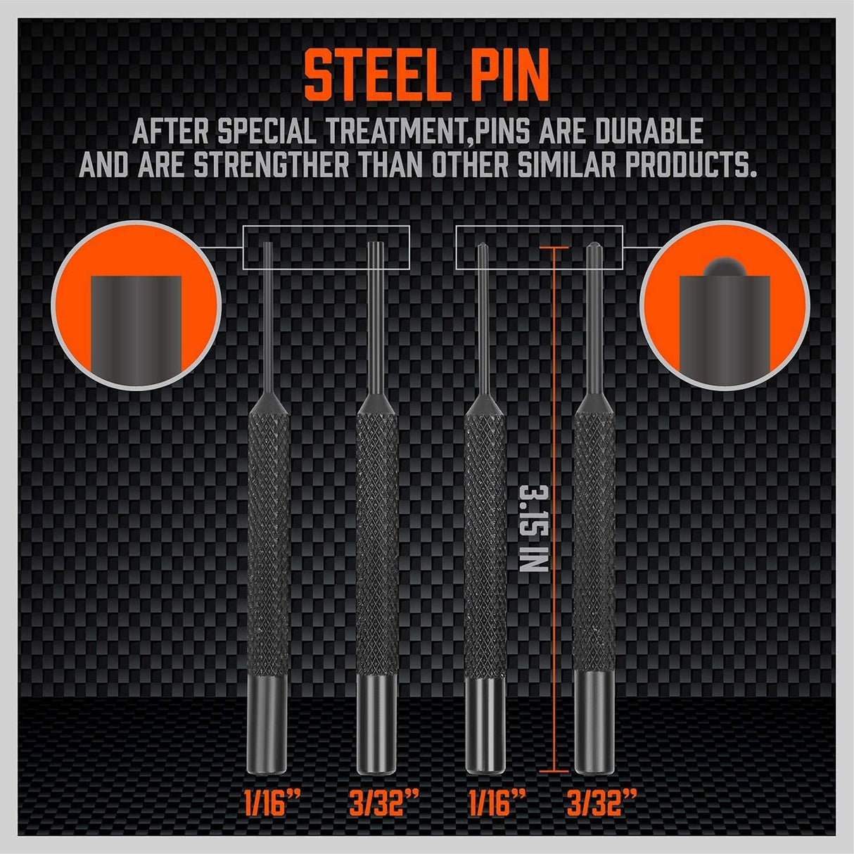 HORUSDY 22-piece roll pin punch set with dual-head hammer, brass, steel, plastic punches, and organized carry case.