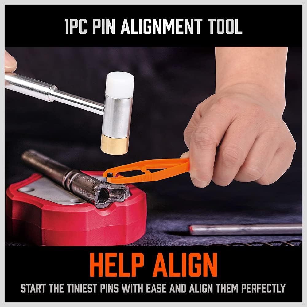 HORUSDY 22-piece roll pin punch set with dual-head hammer, brass, steel, plastic punches, and organized carry case.