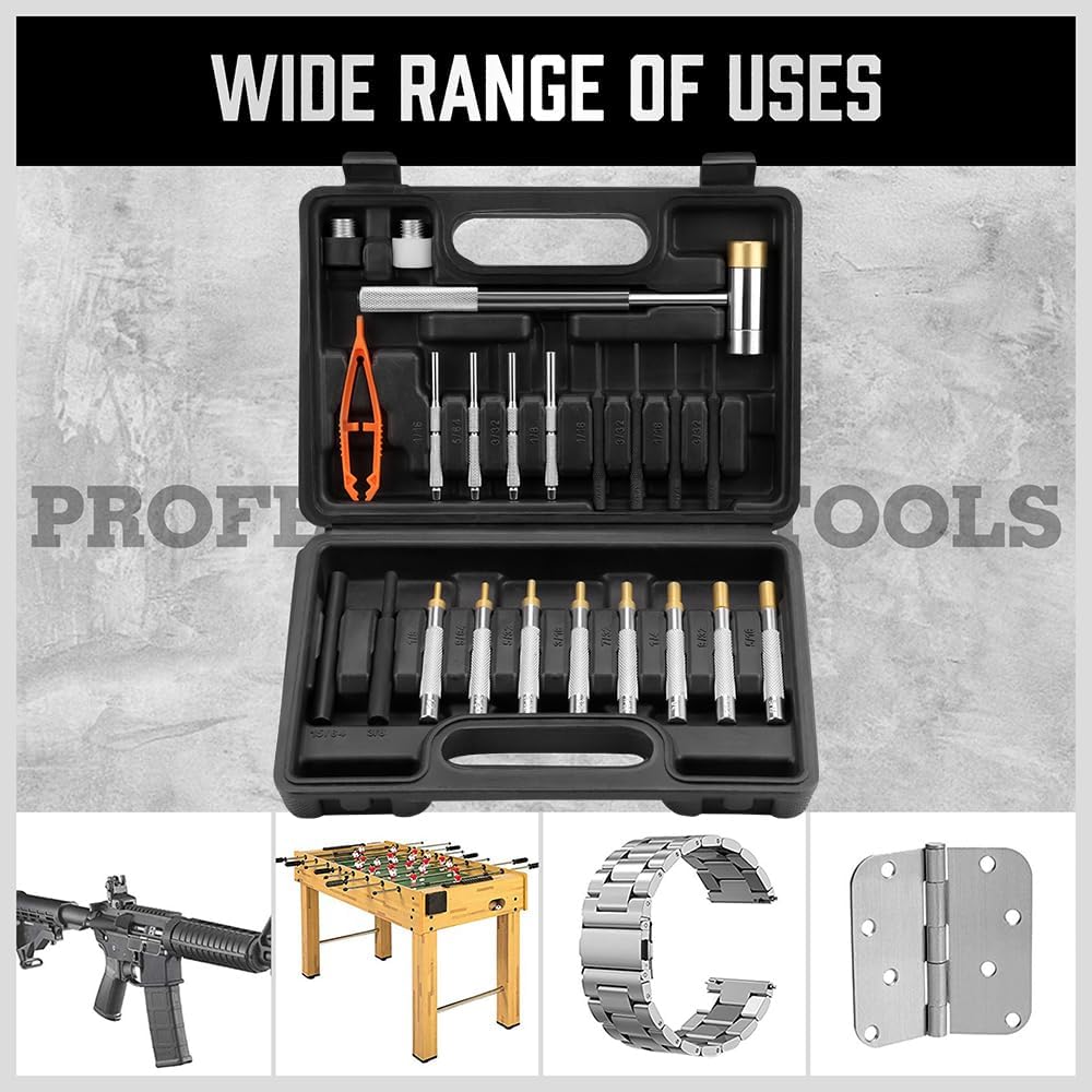 HORUSDY 22-piece roll pin punch set with dual-head hammer, brass, steel, plastic punches, and organized carry case.