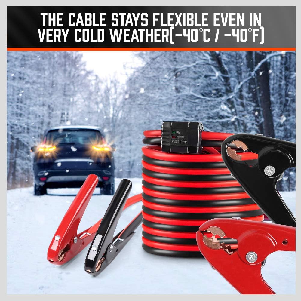 HORUSDY 25FT jumper cables with LED light, smart protector, heavy duty clamps, and carry bag for car battery jump start