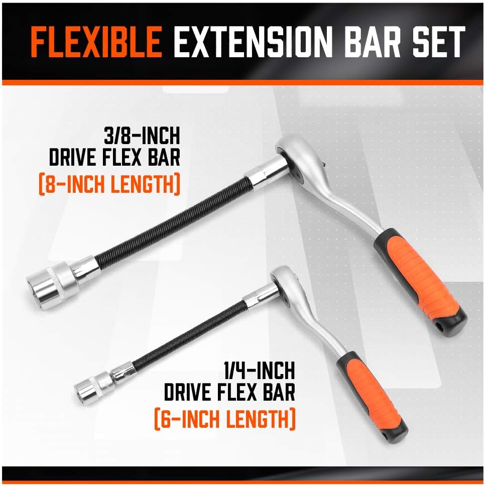 SEDY flexible extension bar set with 1/4" and 3/8" drive flex shafts, chrome-vanadium steel socket extension bars for tight and hard-to-reach spaces