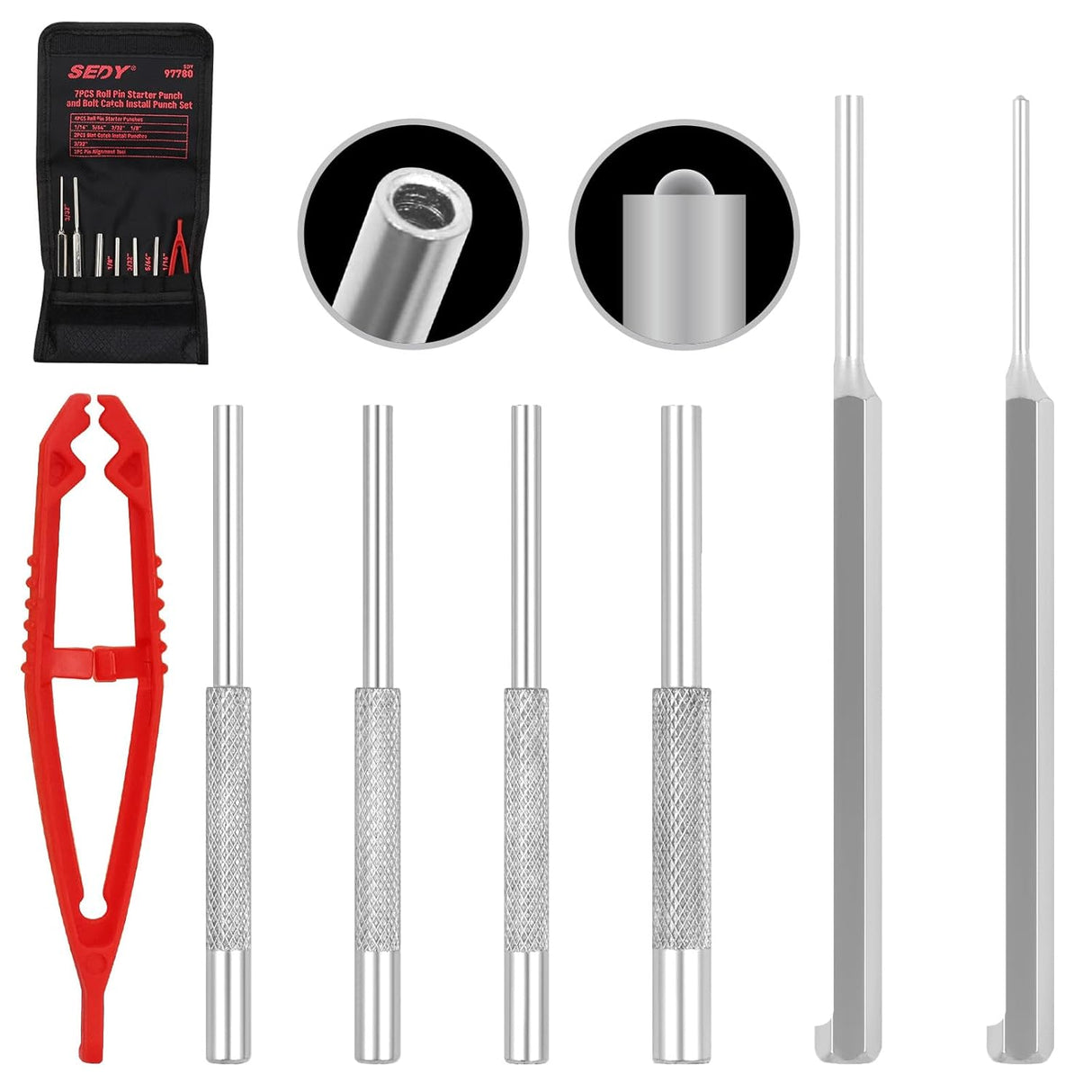 7-piece roll pin starter punch and bolt catch tool set with textured non-slip grip and storage pouch