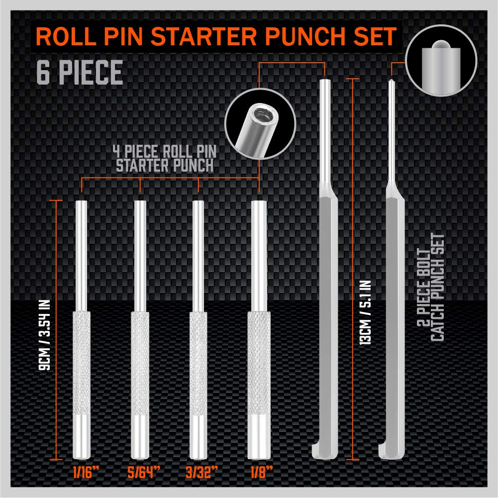 7-piece roll pin starter punch and bolt catch tool set with textured non-slip grip and storage pouch