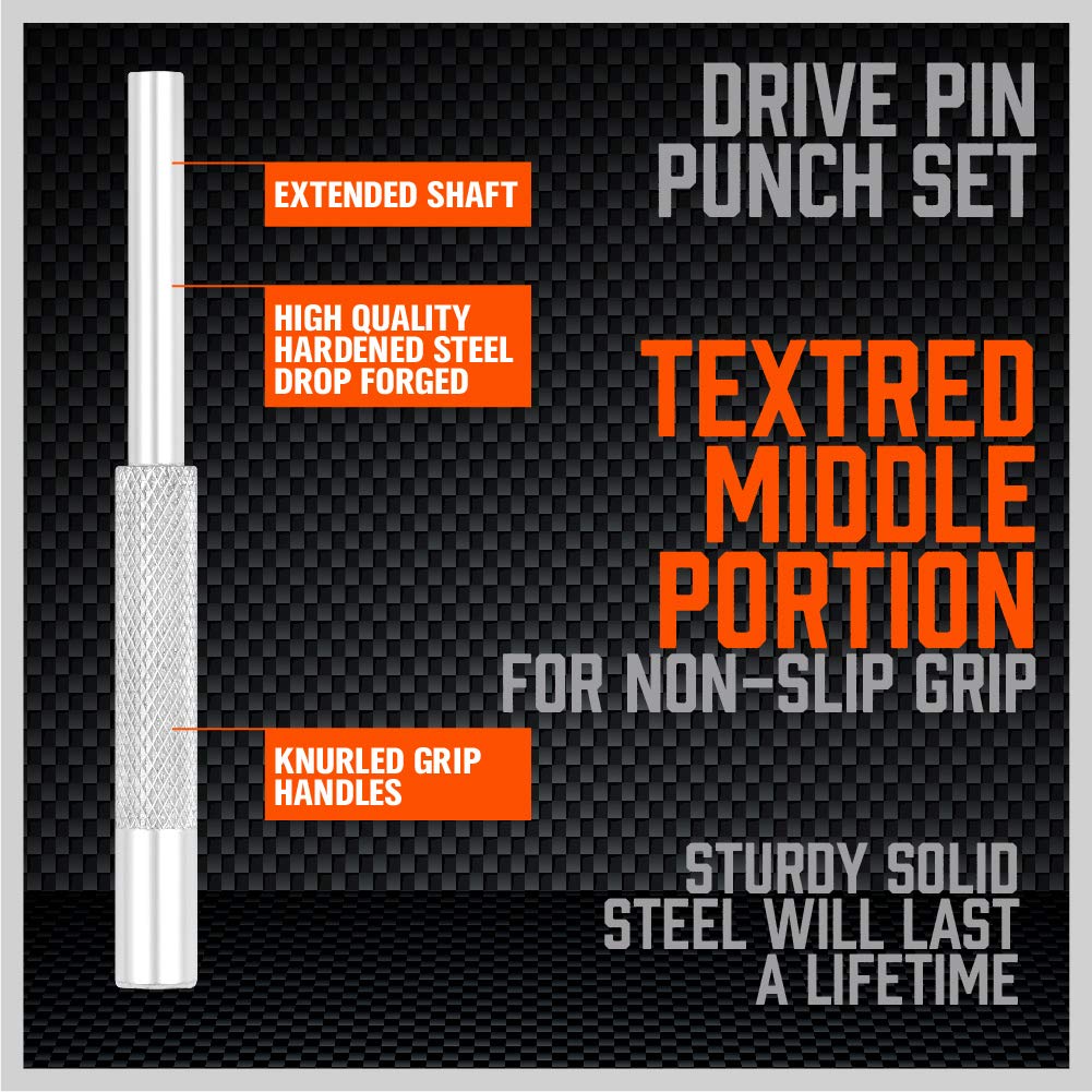 7-piece roll pin starter punch and bolt catch tool set with textured non-slip grip and storage pouch