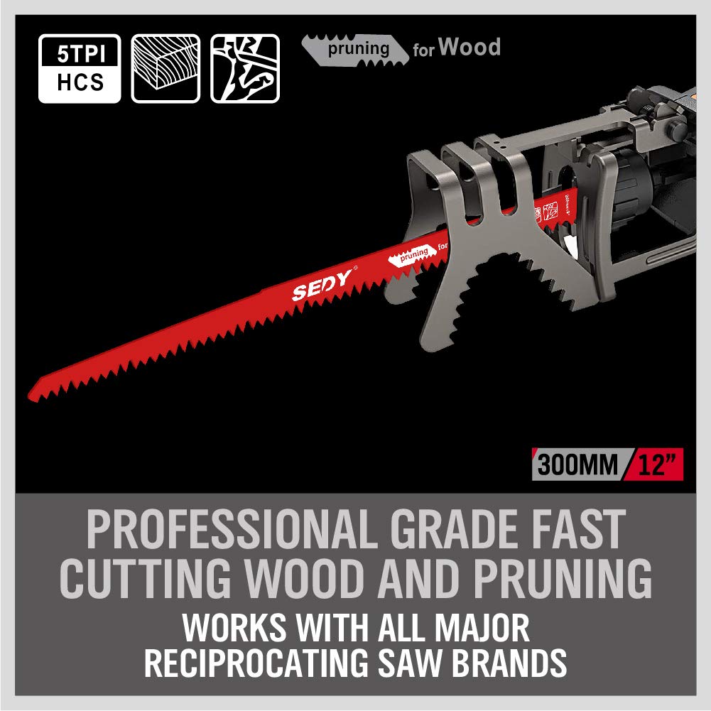 SEDY 12-inch pruning reciprocating saw blades for wood cutting, 5TPI HCS construction, compatible with all major brands
