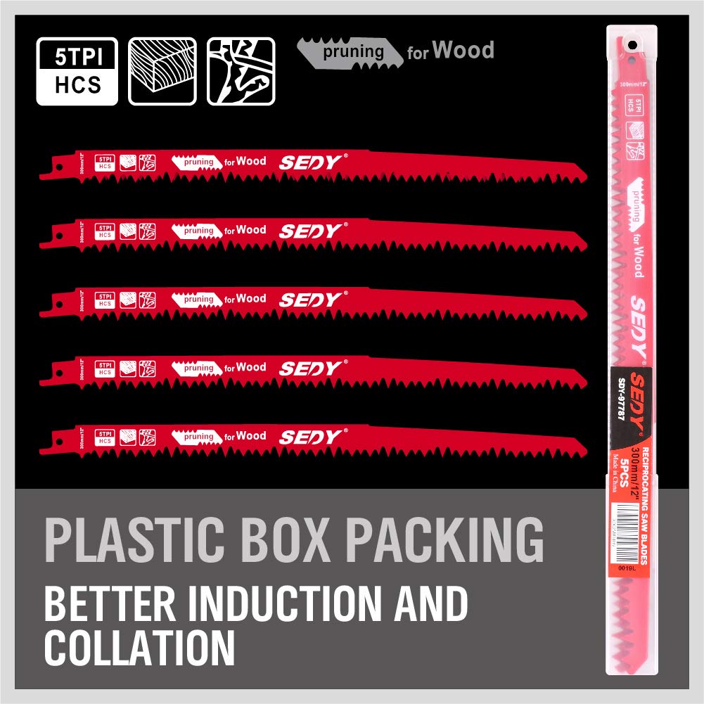 SEDY 12-inch pruning reciprocating saw blades for wood cutting, 5TPI HCS construction, compatible with all major brands