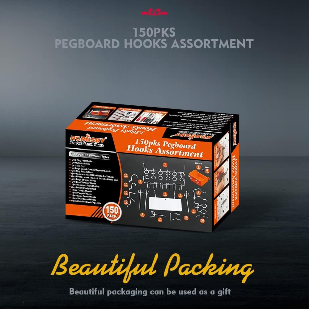 HORUSDY pegboard hooks and bins for wall mounted garage tool storage and organization