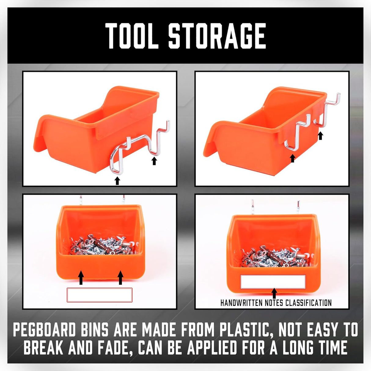 Pegboard hook assortment kit with bins, peg locks, and various tool hanging options for wall-mounted storage