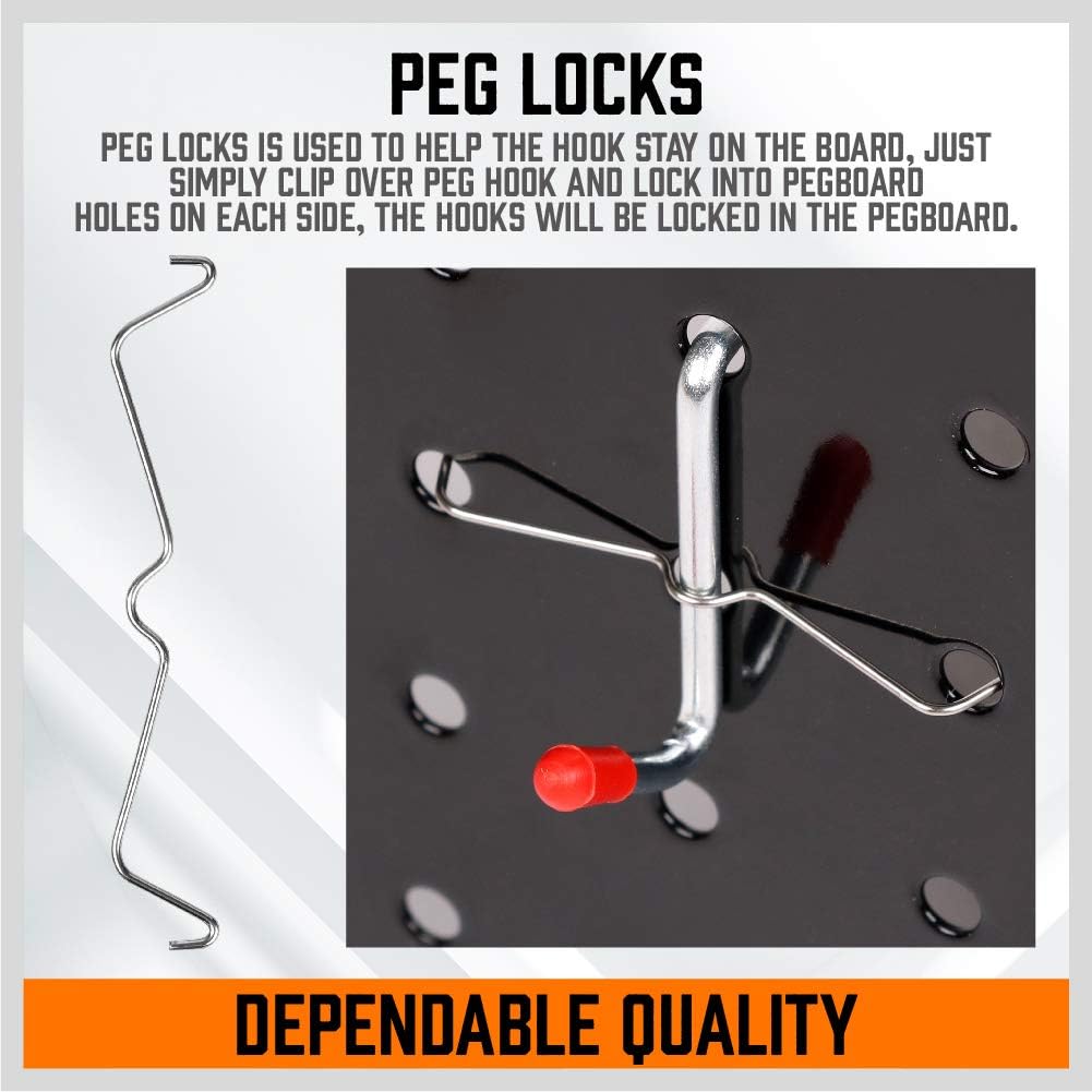 Pegboard hook assortment kit with bins, peg locks, and various tool hanging options for wall-mounted storage