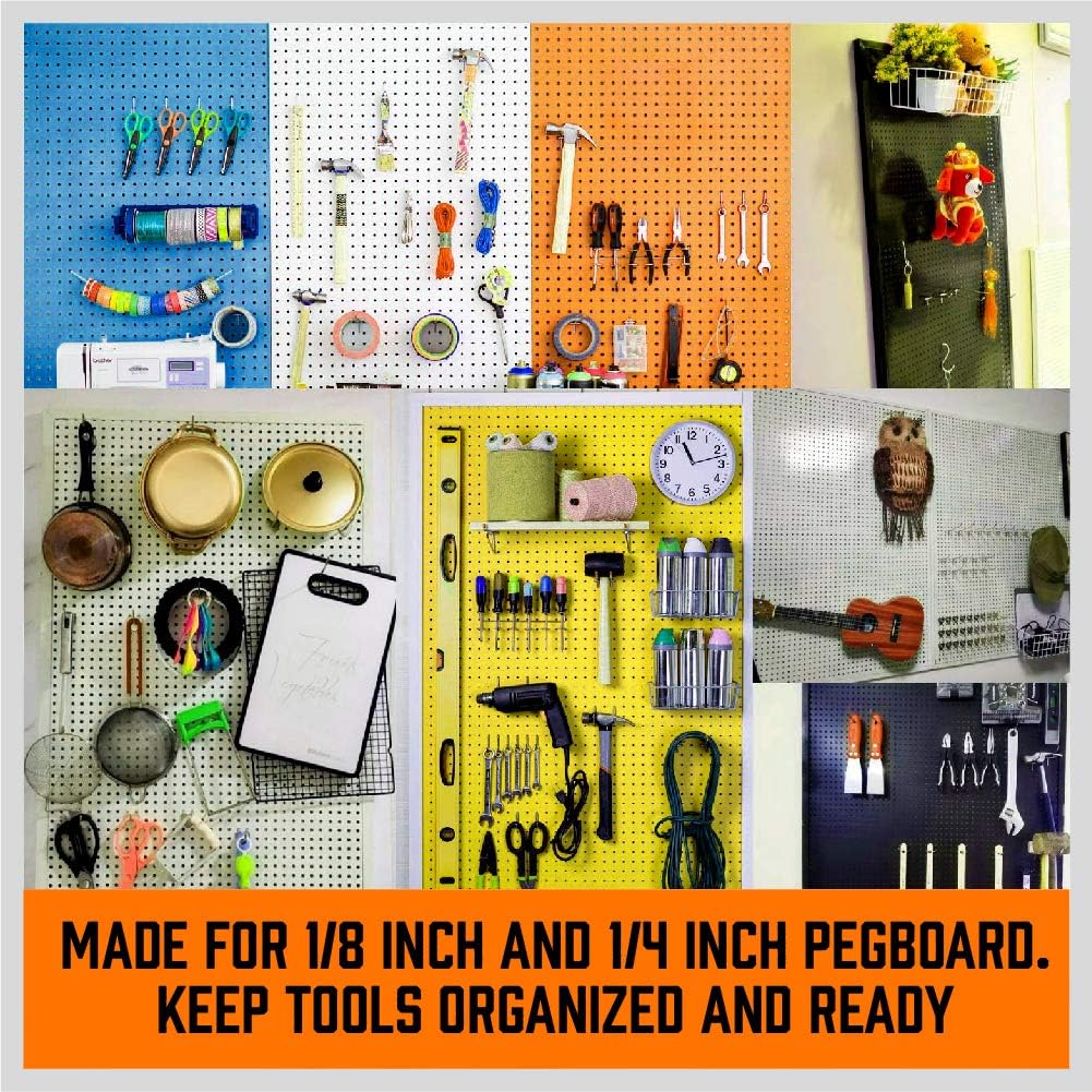 Pegboard hook assortment kit with bins, peg locks, and various tool hanging options for wall-mounted storage