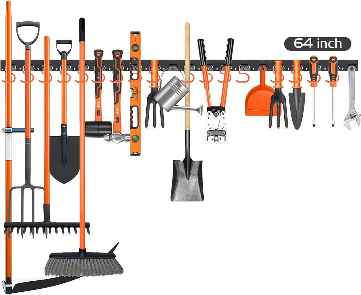 Wall-mounted 64-inch garage tool organizer rack with adjustable hooks and pegs for shovel, broom, rake, and tool storage.