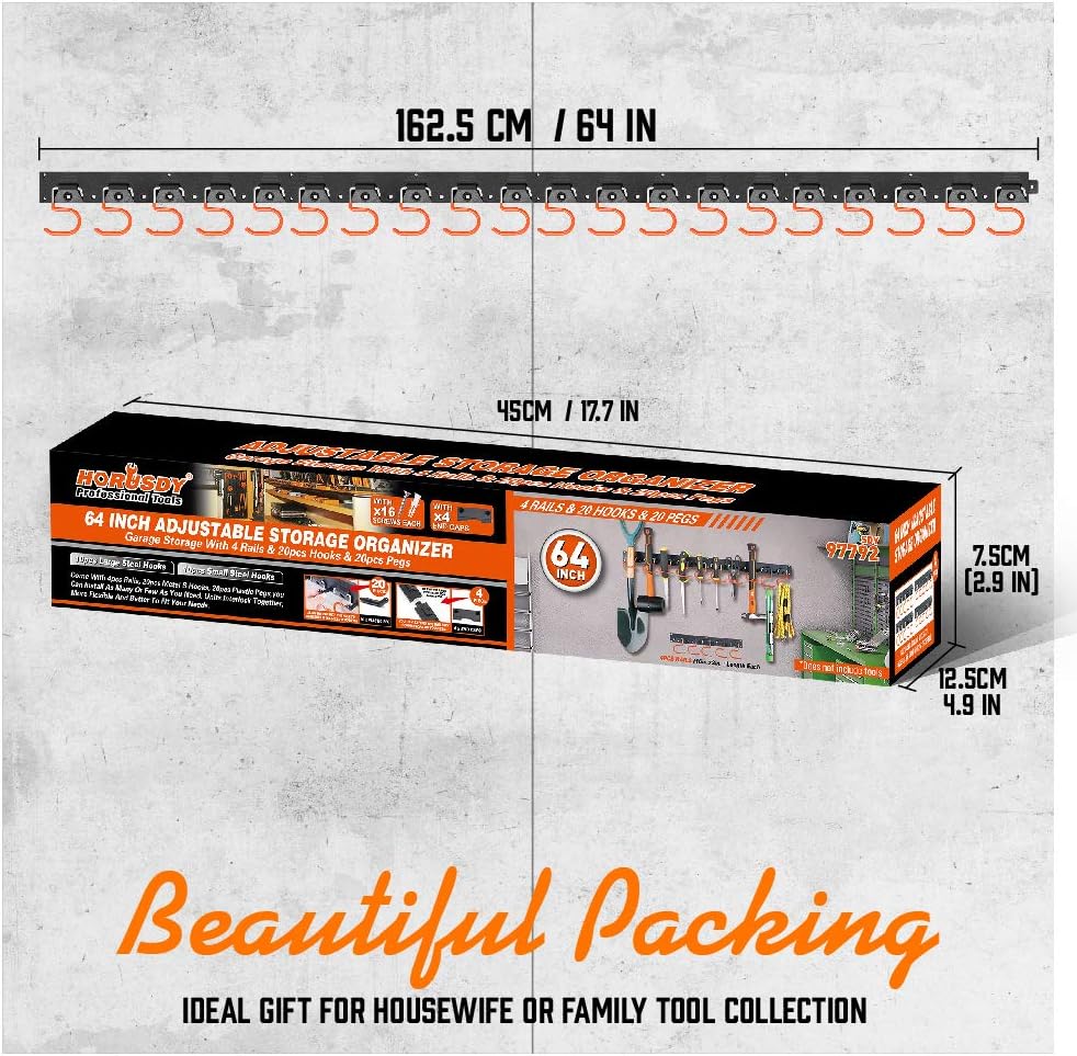 Wall-mounted 64-inch garage tool organizer rack with adjustable hooks and pegs for shovel, broom, rake, and tool storage.