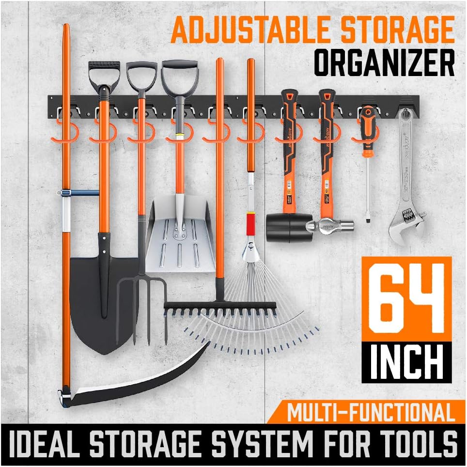 Wall-mounted 64-inch garage tool organizer rack with adjustable hooks and pegs for shovel, broom, rake, and tool storage.