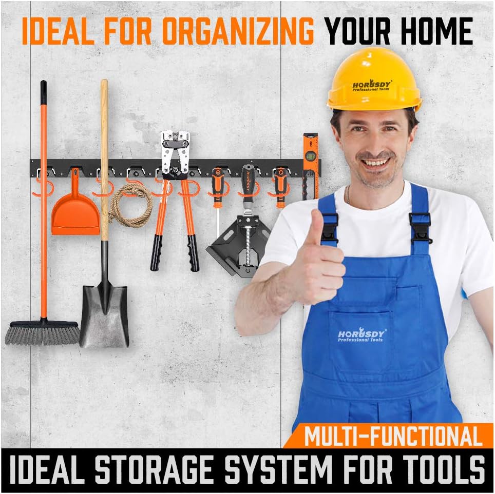 Wall-mounted 64-inch garage tool organizer rack with adjustable hooks and pegs for shovel, broom, rake, and tool storage.