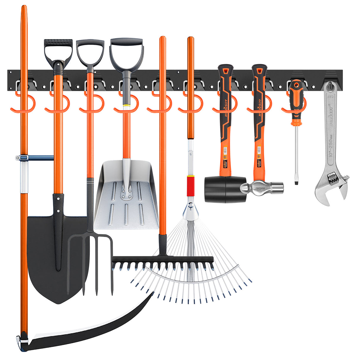 Wall-mounted 64-inch garage tool organizer rack with adjustable hooks and pegs for shovel, broom, rake, and tool storage.