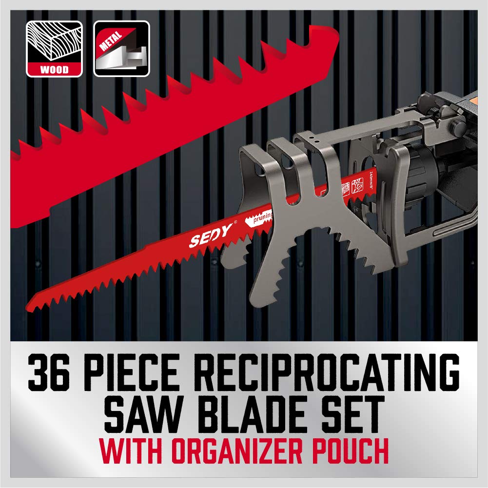 36-Piece Reciprocating Saw Blade Set for Wood and Metal, Includes Organizer Pouch