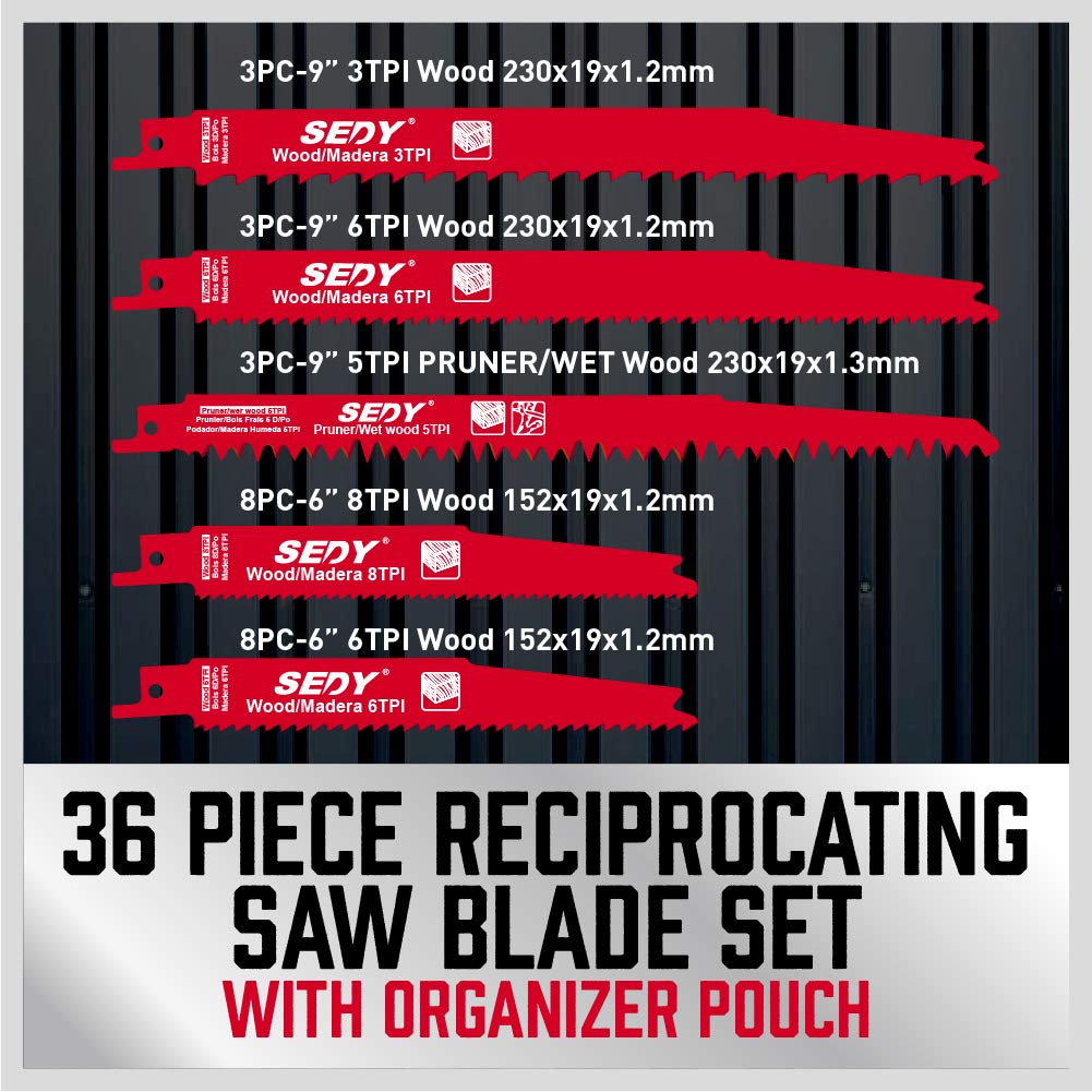 36-Piece Reciprocating Saw Blade Set for Wood and Metal, Includes Organizer Pouch