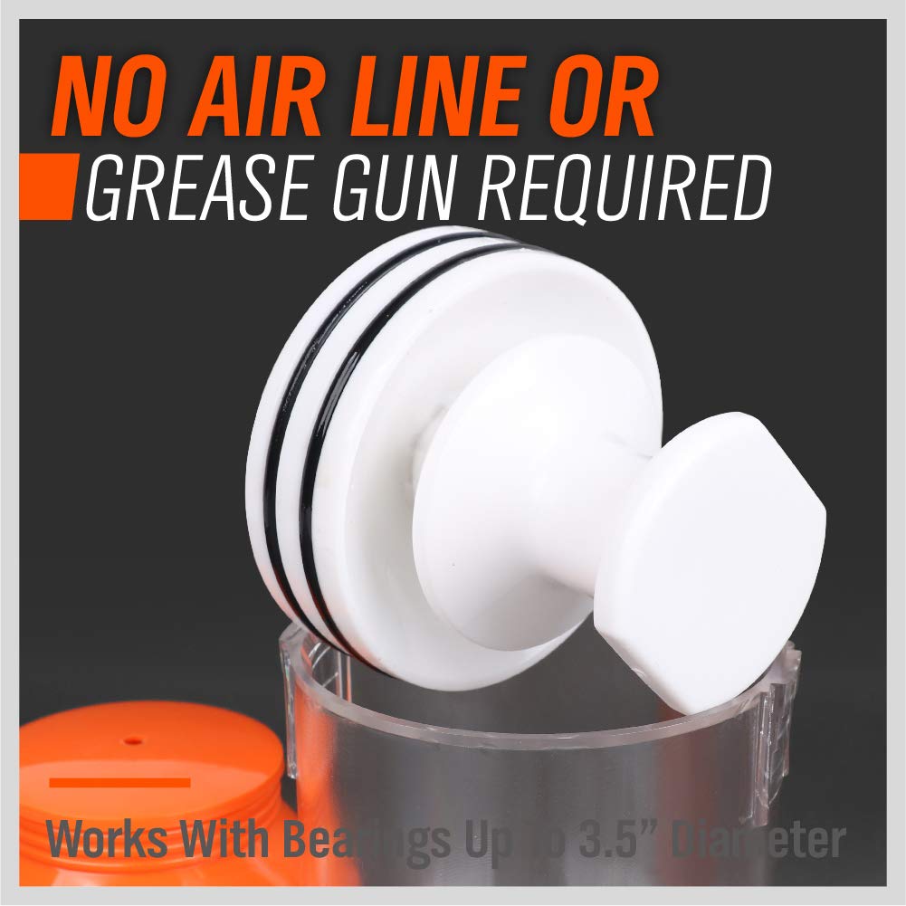 Manual bearing grease packer with clear cup and spring-loaded plunger for wheel bearings up to 3.5 inches, no air line or grease gun needed