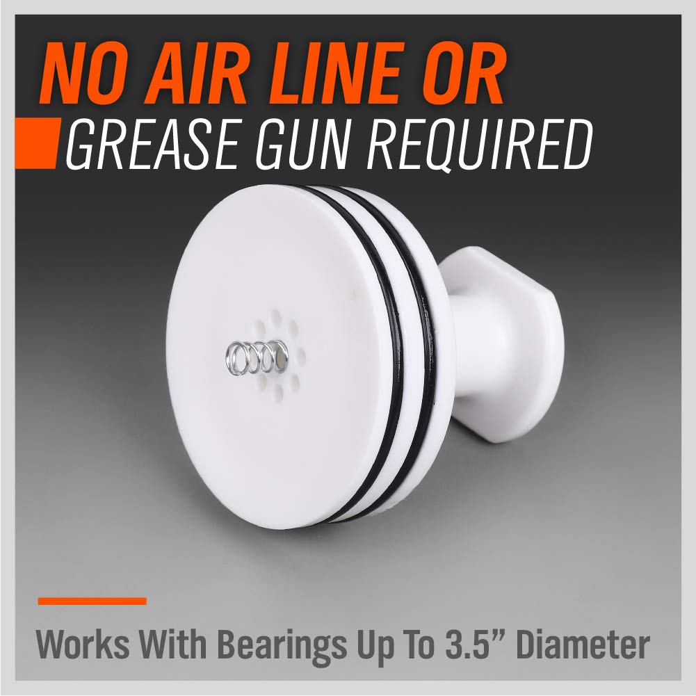 Manual bearing grease packer with clear cup and spring-loaded plunger for wheel bearings up to 3.5 inches, no air line or grease gun needed