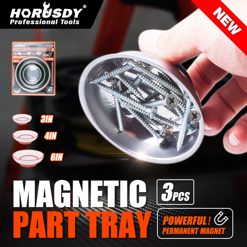 3-piece stainless steel magnetic parts tray set with strong base magnets in 3, 4, and 6 inch sizes