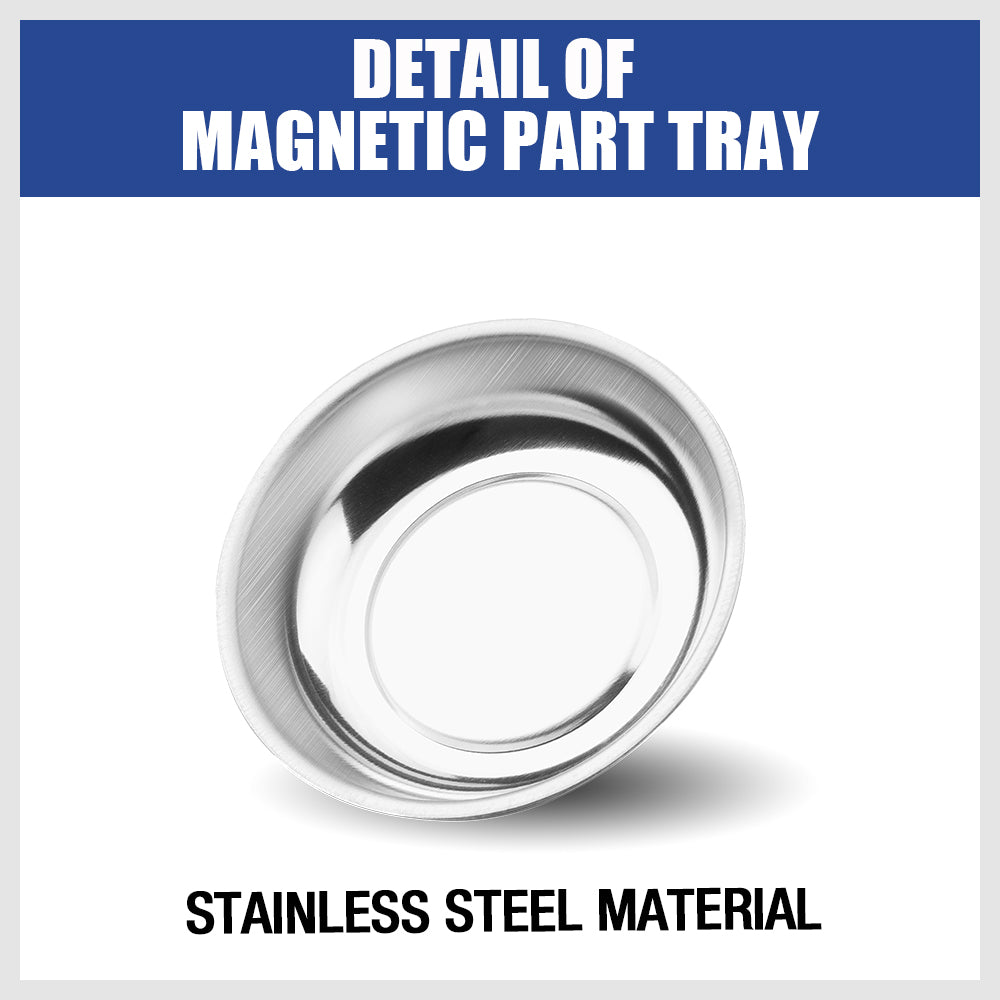 3-piece stainless steel magnetic parts tray set with strong base magnets in 3, 4, and 6 inch sizes