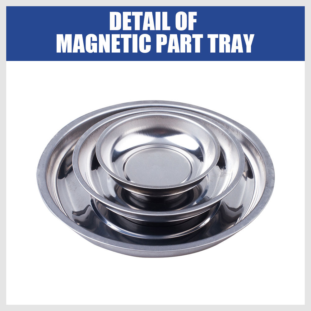 3-piece stainless steel magnetic parts tray set with strong base magnets in 3, 4, and 6 inch sizes