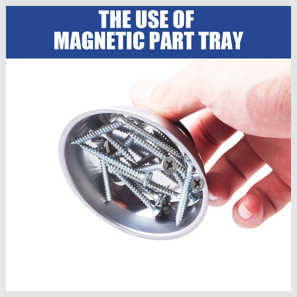 3-piece stainless steel magnetic parts tray set with strong base magnets in 3, 4, and 6 inch sizes