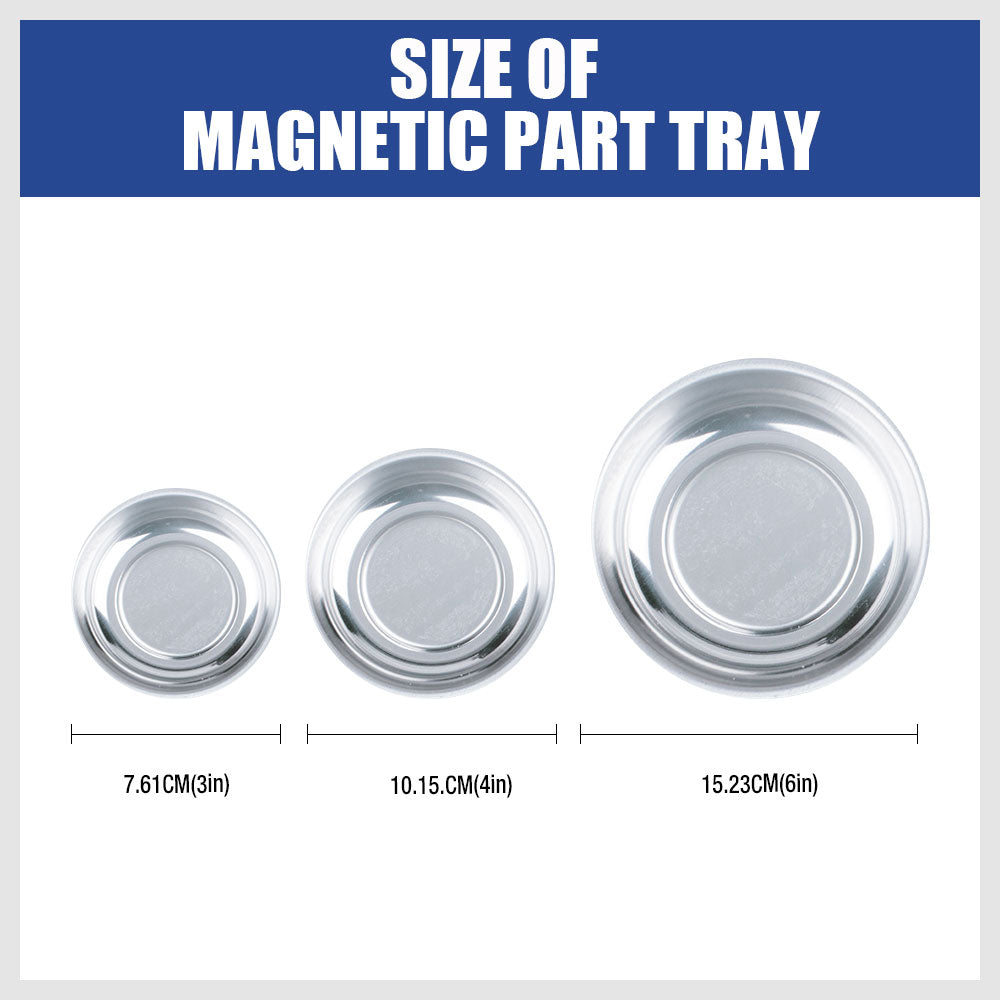 3-piece stainless steel magnetic parts tray set with strong base magnets in 3, 4, and 6 inch sizes