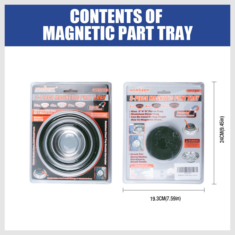 3-piece stainless steel magnetic parts tray set with strong base magnets in 3, 4, and 6 inch sizes