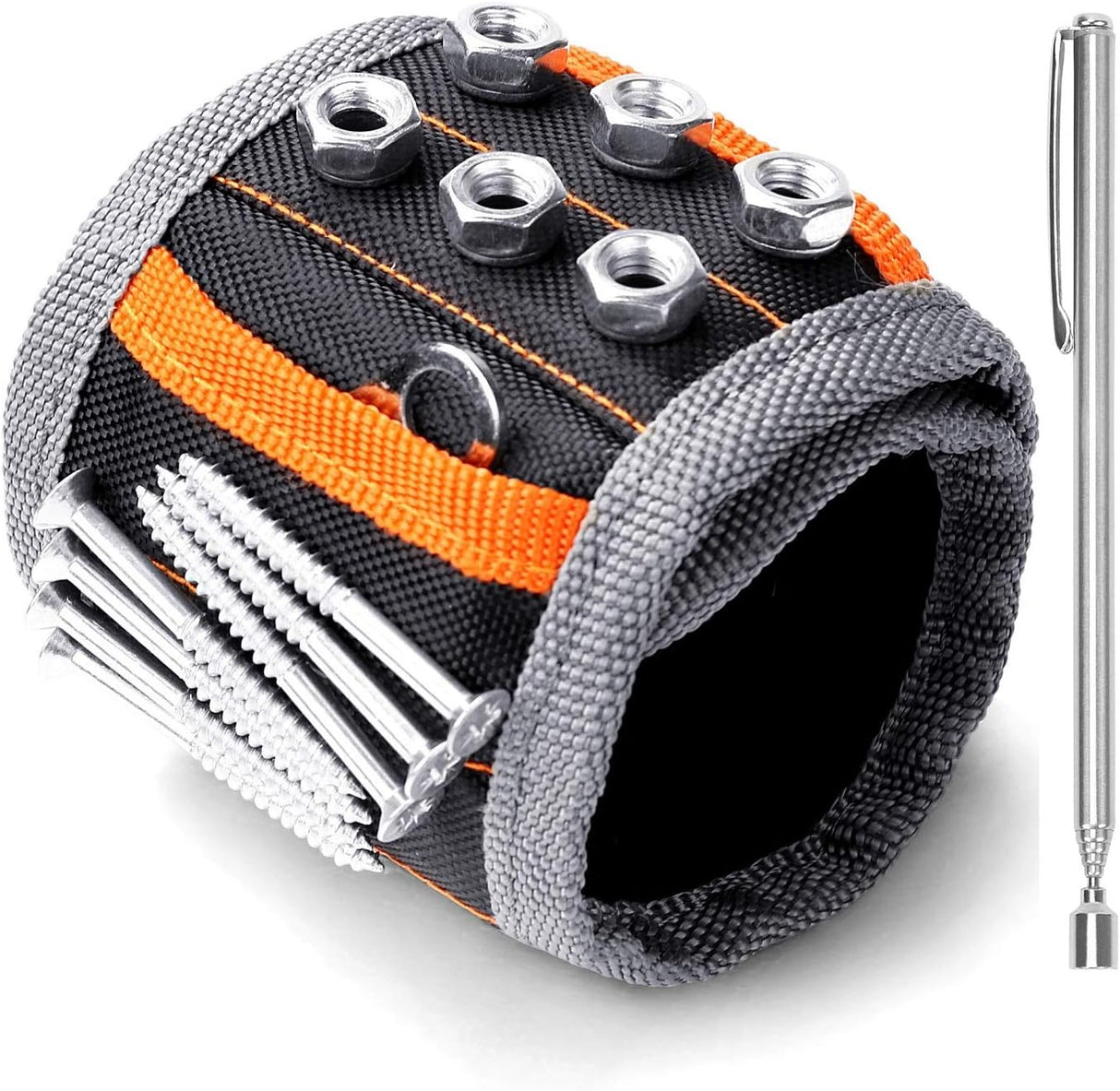 Magnetic wristband with screws and pickup tool for holding nails, bolts, and drill bits during repairs
