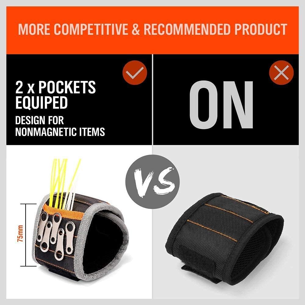 Magnetic wristband with screws and pickup tool for holding nails, bolts, and drill bits during repairs