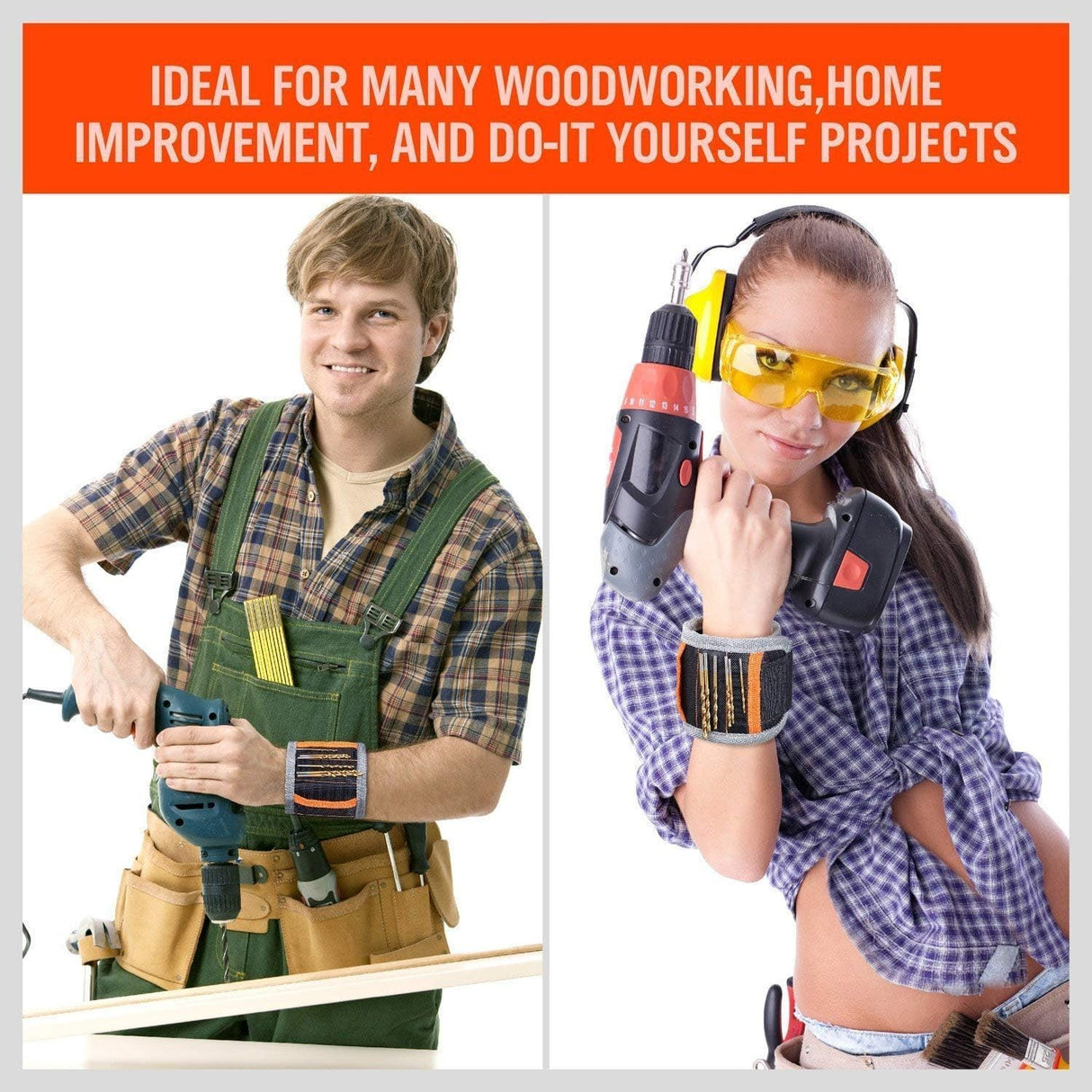 Magnetic wristband with screws and pickup tool for holding nails, bolts, and drill bits during repairs