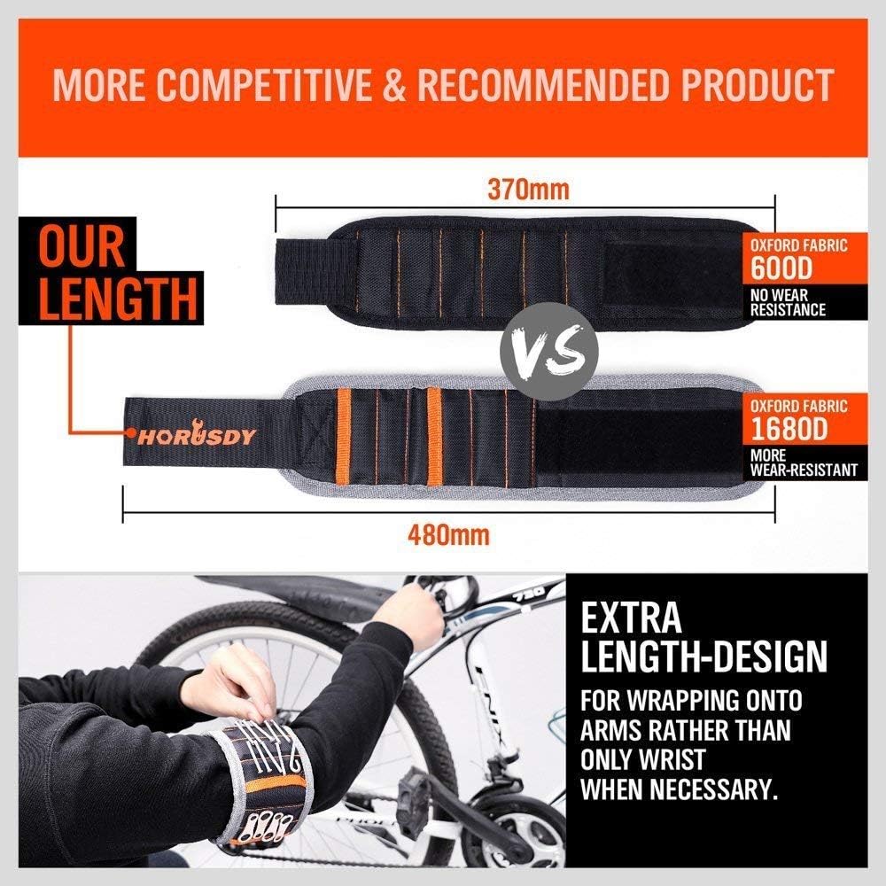 Magnetic wristband with screws and pickup tool for holding nails, bolts, and drill bits during repairs