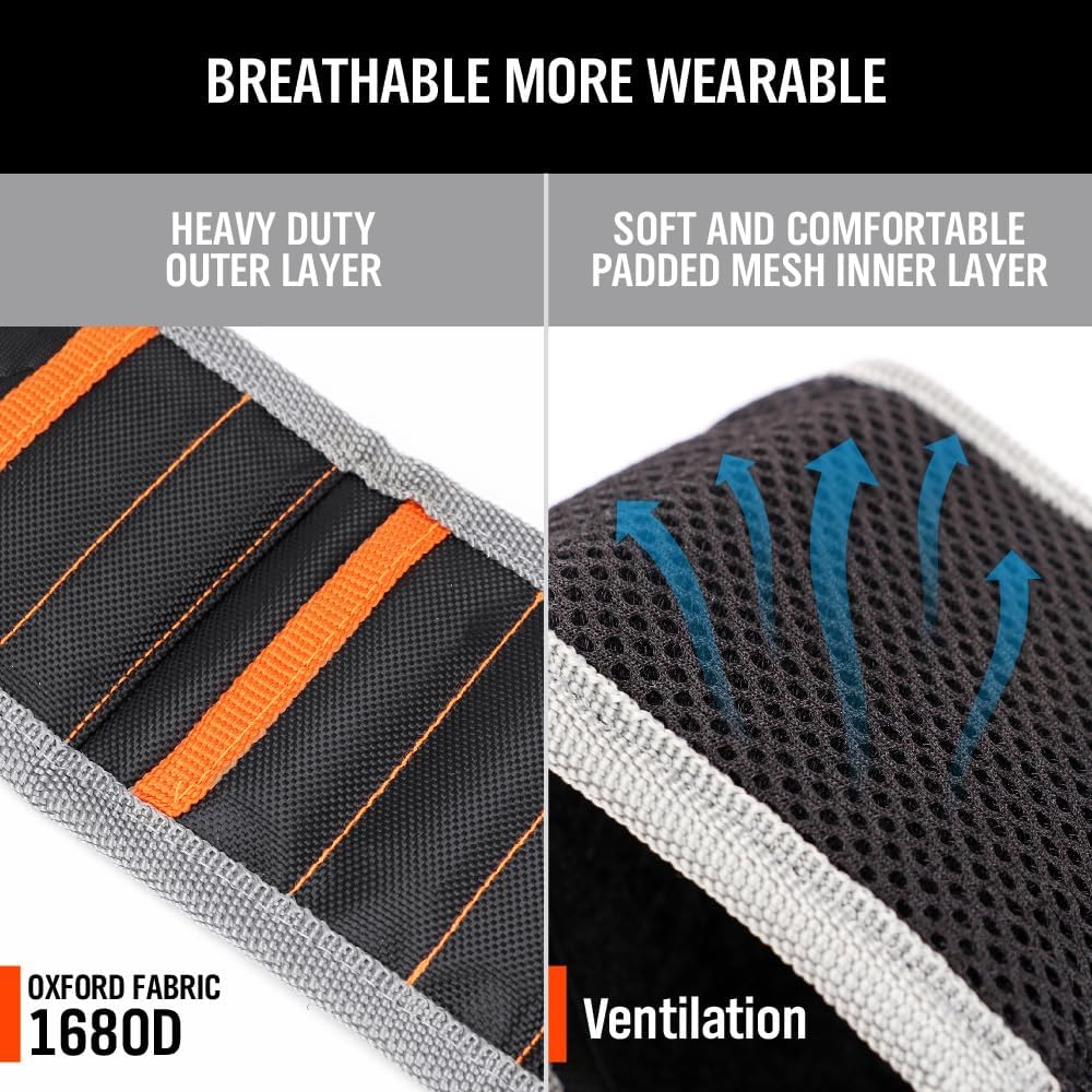 Magnetic wristband with screws and pickup tool for holding nails, bolts, and drill bits during repairs