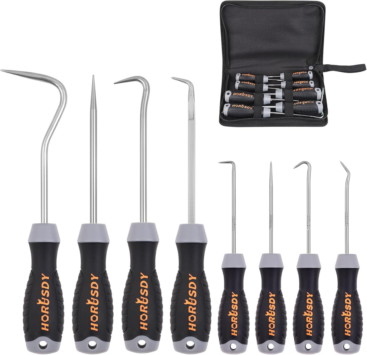 HORUSDY hook and pick set with ergonomic handles, alloy steel shafts, and storage pouch – 8-piece set for automotive and mechanic use