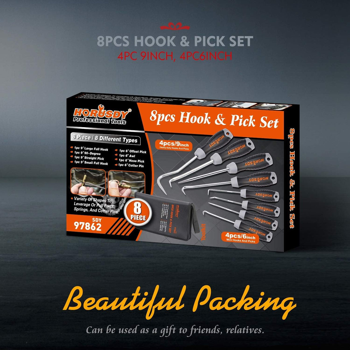 HORUSDY hook and pick set with ergonomic handles, alloy steel shafts, and storage pouch – 8-piece set for automotive and mechanic use