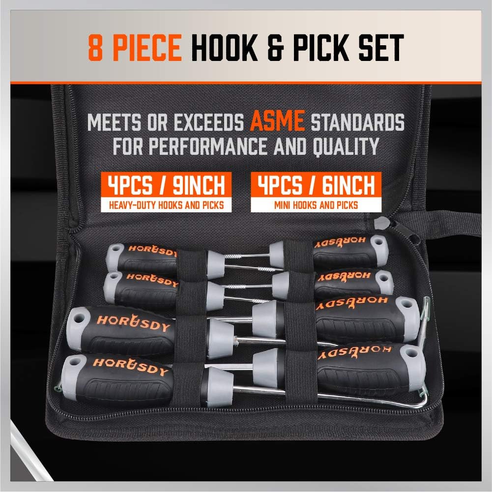 HORUSDY hook and pick set with ergonomic handles, alloy steel shafts, and storage pouch – 8-piece set for automotive and mechanic use