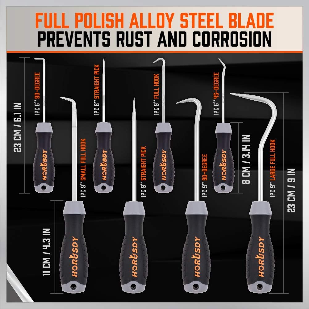 HORUSDY hook and pick set with ergonomic handles, alloy steel shafts, and storage pouch – 8-piece set for automotive and mechanic use