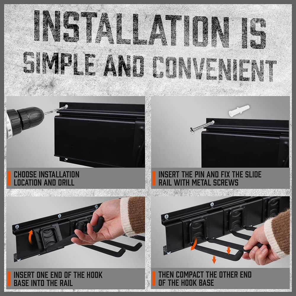 HORUSDY 14PCS adjustable heavy duty wall mount garage tool storage hook rack with steel rail system